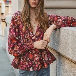 BTFL-Life,Floral Print Bohemian Long Sleeves Polyester Top,Excellent Condition,M